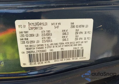 2007 Chrysler Town & Country Limited from USA, damaged, VIN 2A8GP64L37R358803